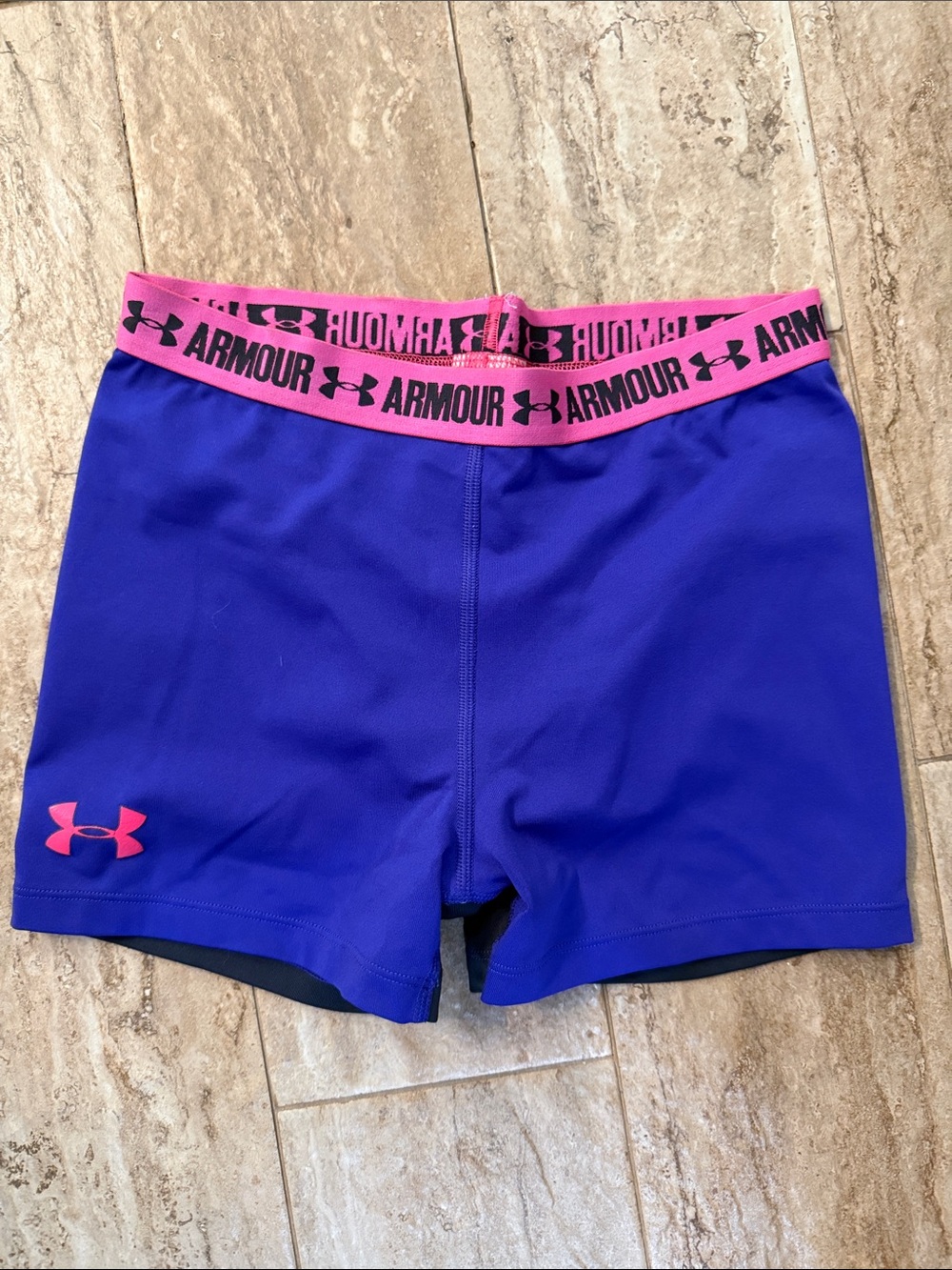Under Armour Women’s Royal Blue Bike Shorts with Pink Waistband